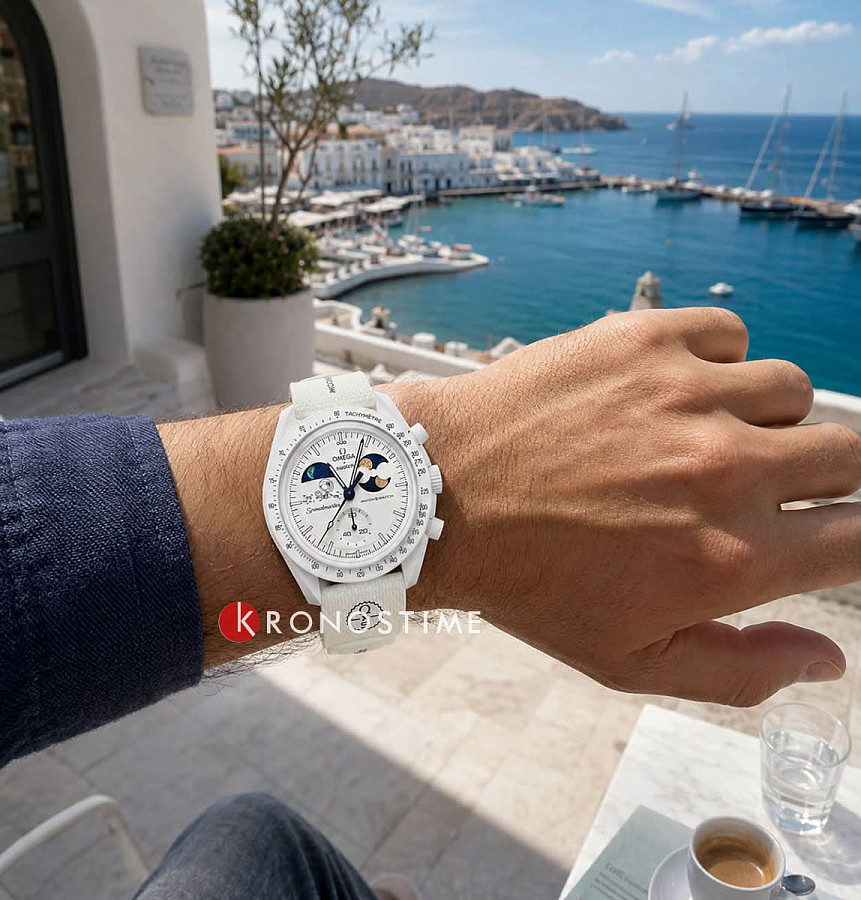 Часы Swatch x Omega Bioceramic Moonswatch Mission to the Moonphase - Full Moon SO33W701L — мужские, каучук