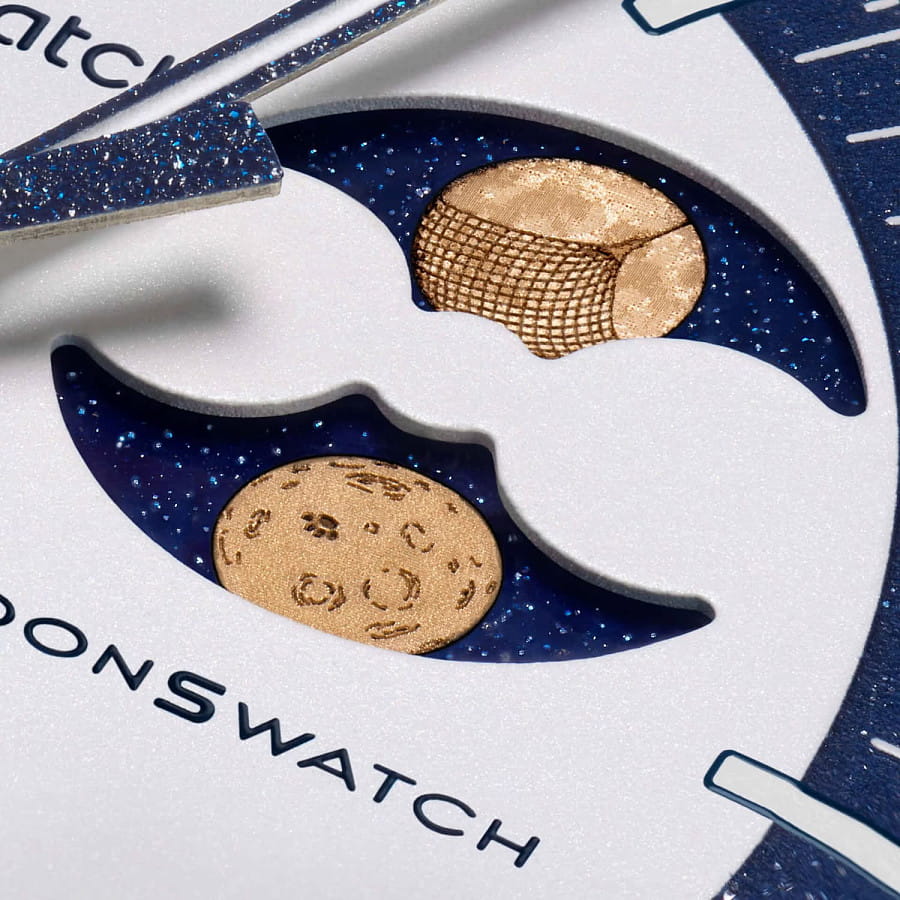 Часы Swatch x Omega Bioceramic Moonswatch Mission to Earthphase - Moonshine Gold SO33N701L — мужские, нейлон