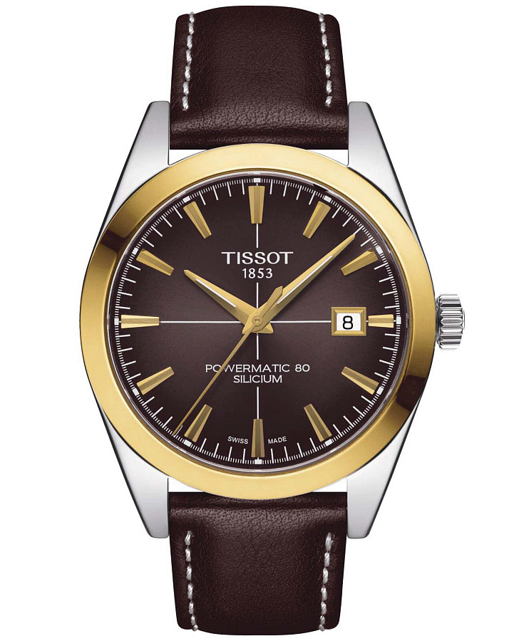 Часы Tissot Gentleman Powermatic 80 Silicium Solid 18K Gold Bezel T927.407.46.291.01 — мужские, коричневый