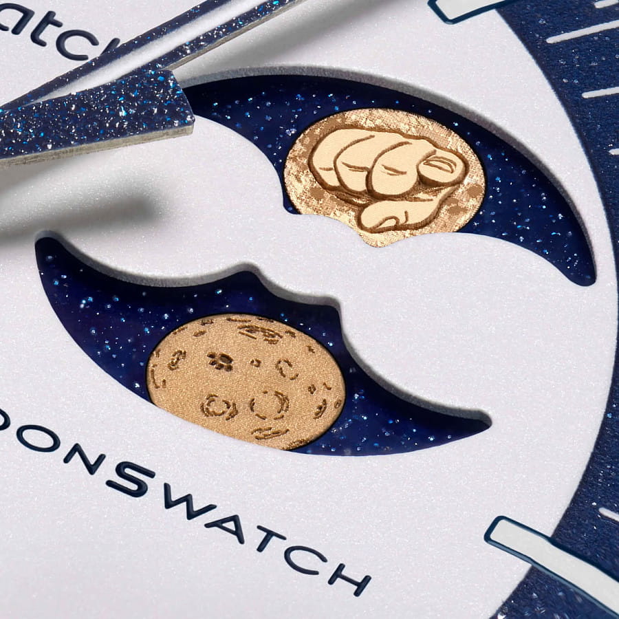 Часы Swatch x Omega Bioceramic Moonswatch Mission to Earthphase - Moonshine Gold SO33N703L — мужские, нейлон