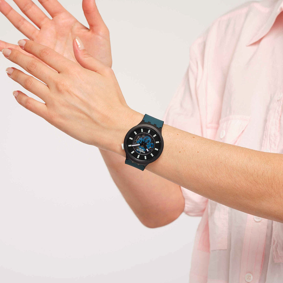 Часы Swatch Big Bold Bioceramic Lacquered SB03B107 — мужские, голубой