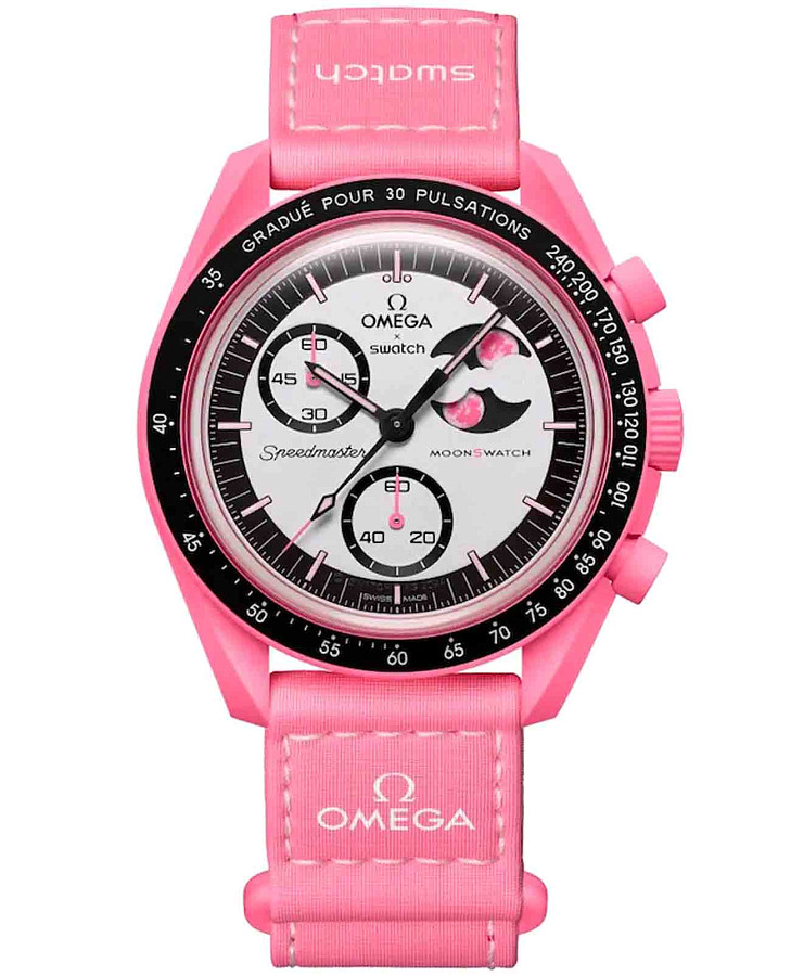 Часы Swatch x Omega Bioceramic Moonswatch Mission to The Pink Moonphase SO33P700 — мужские, белый