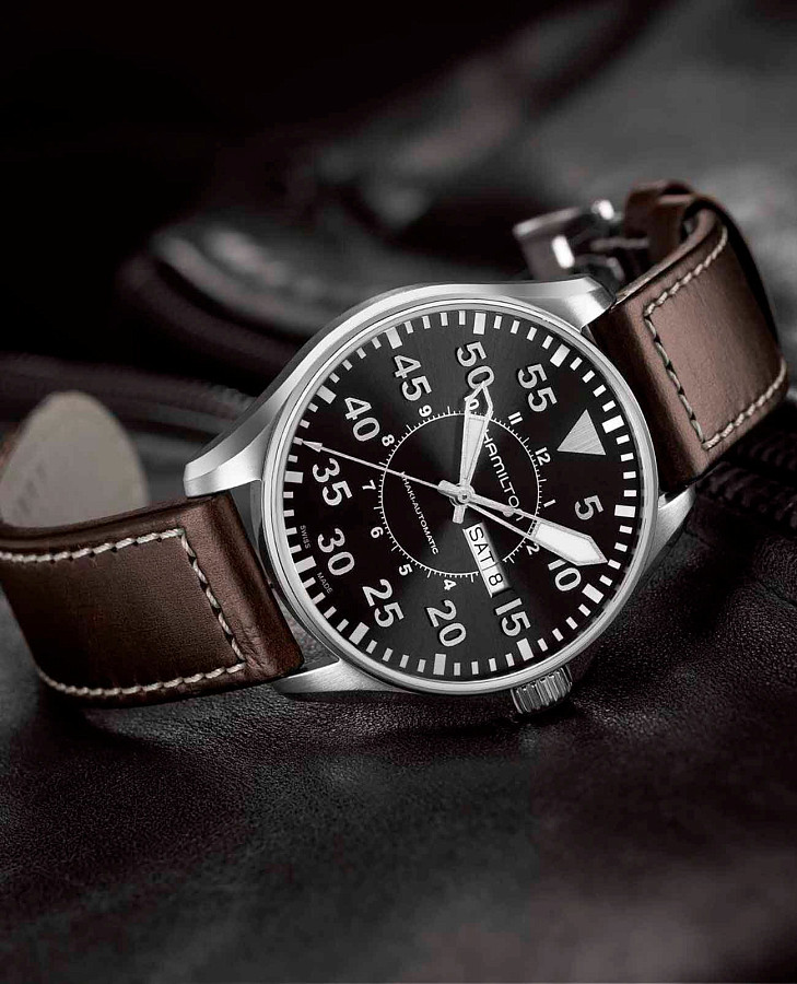 Часы Hamilton Khaki Aviation Pilot Day Date Quartz H64611535 — мужские, кожаный