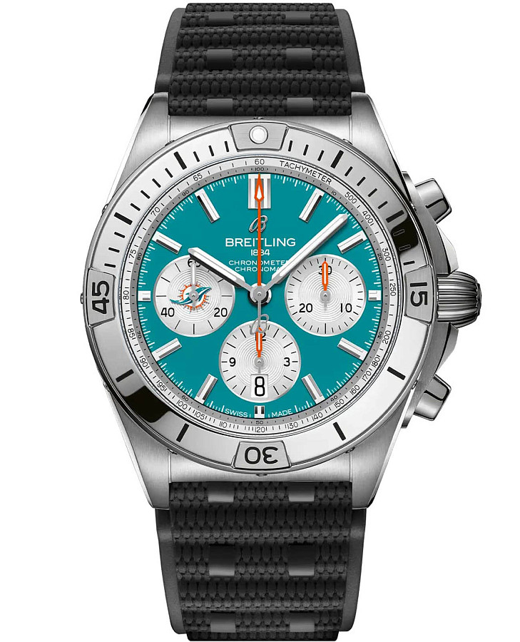 Часы Breitling Chronomat B01 42 NFL Miami Dolphins Edition AB01342B1L2S1 — мужские, бирюзовый