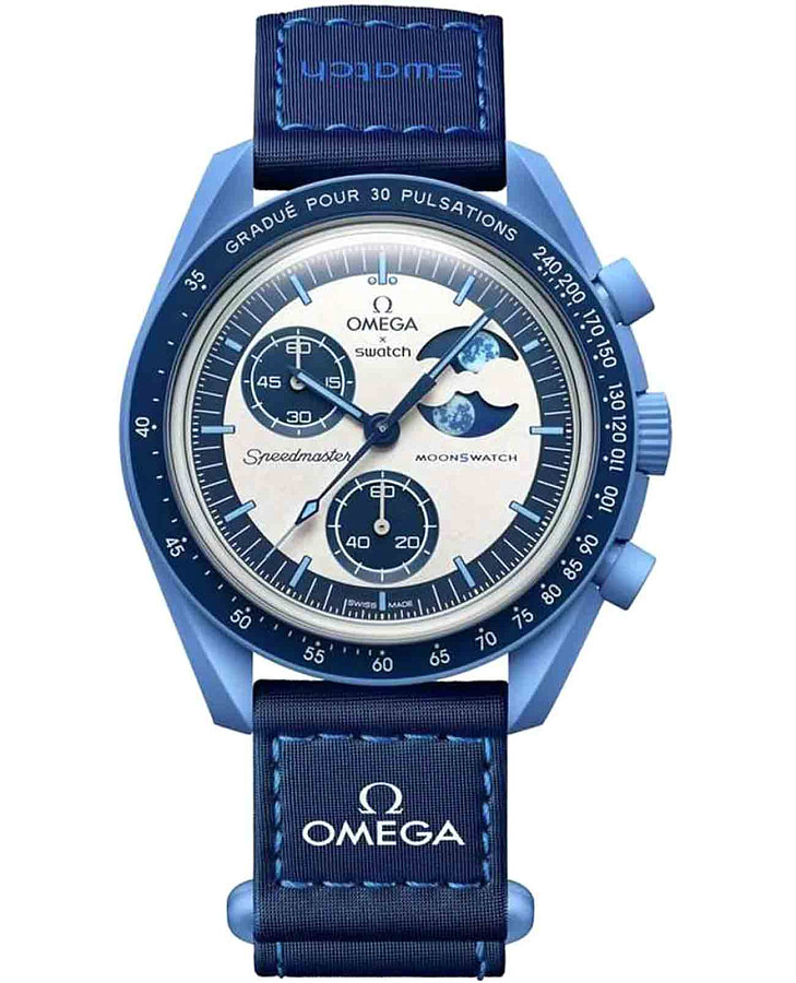 Часы Swatch x Omega Bioceramic Moonswatch Mission to The SuperBlue Moonphase SO33N700 — мужские, белый
