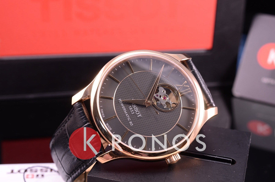 Часы Tissot Tradition Powermatic 80 Open Heart T063.907.36.068.00 — мужские, кожаный