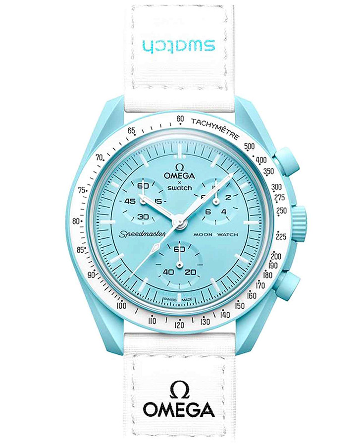 Часы Swatch x Omega Bioceramic Moonswatch Mission to Uranus SO33L100 — мужские, голубой