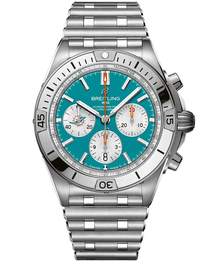 Часы Breitling Chronomat B01 42 NFL Miami Dolphins Edition AB01342B1L2A1 — мужские, бирюзовый