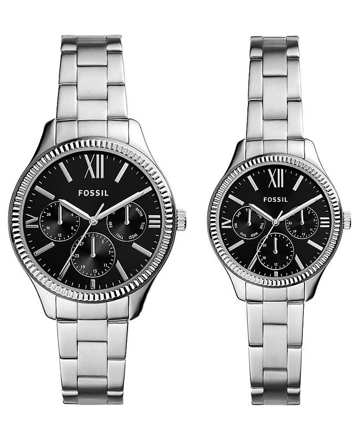 Часы Fossil Rye His and Her Multifunction Stainless Steel Watch Set BQ2644SET — черный