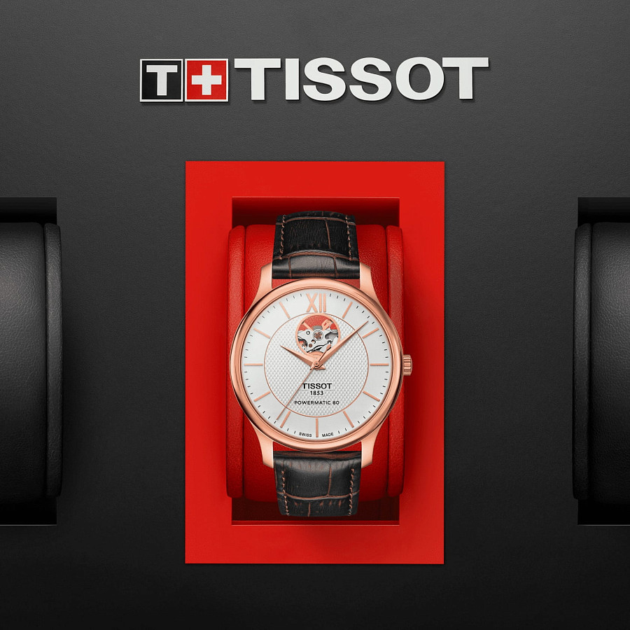 Часы Tissot Tradition Powermatic 80 Open Heart T063.907.36.038.00 — кожаный, мужские