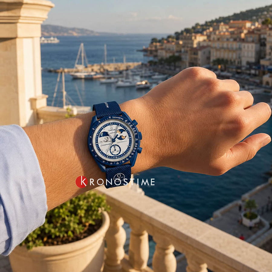 Часы Swatch x Omega Bioceramic Moonswatch Mission to The SuperBlue Moonphase SO33N704L — белый, биокерамика