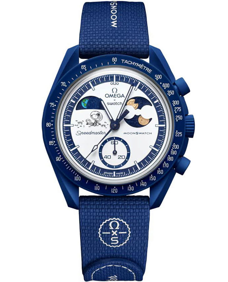 Часы Swatch x Omega Bioceramic Moonswatch Mission to The SuperBlue Moonphase SO33N704L — мужские, белый