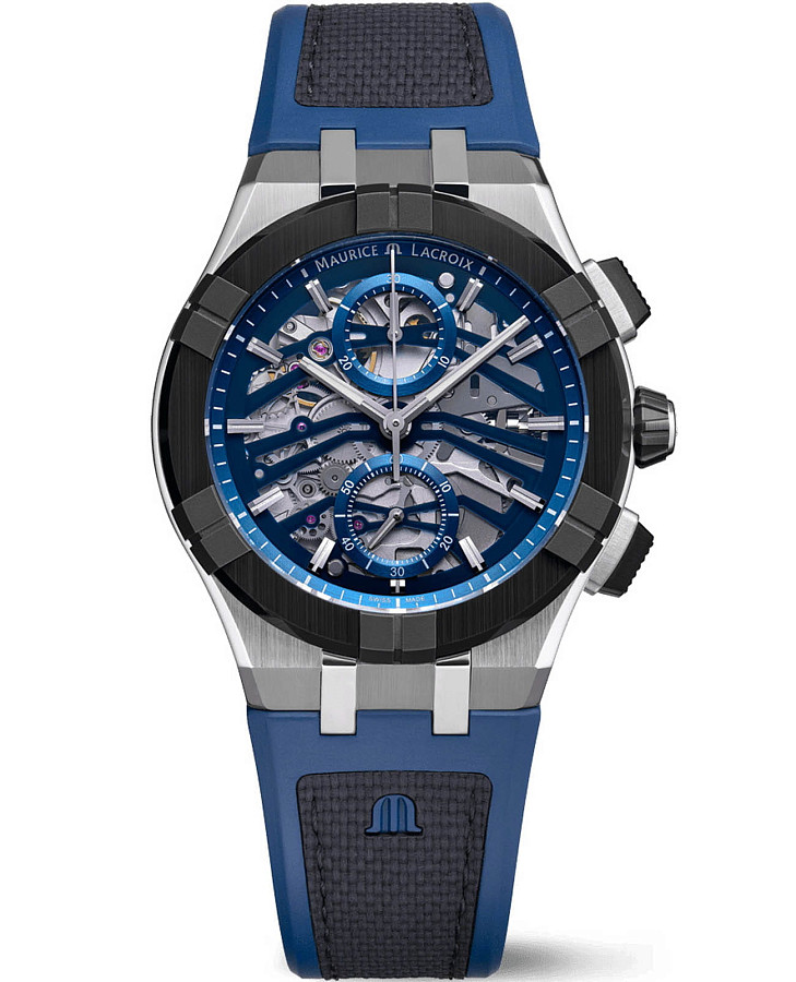 Часы Maurice Lacroix Aikonic Automatic Chronograph Skeleton AC8018-SSL20-030-4 — мужские, синий