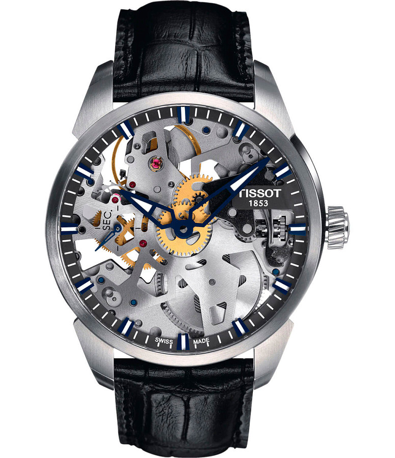 Часы Tissot T-Complication Squelette Mechanical T070.405.16.411.00 — мужские, серебристый