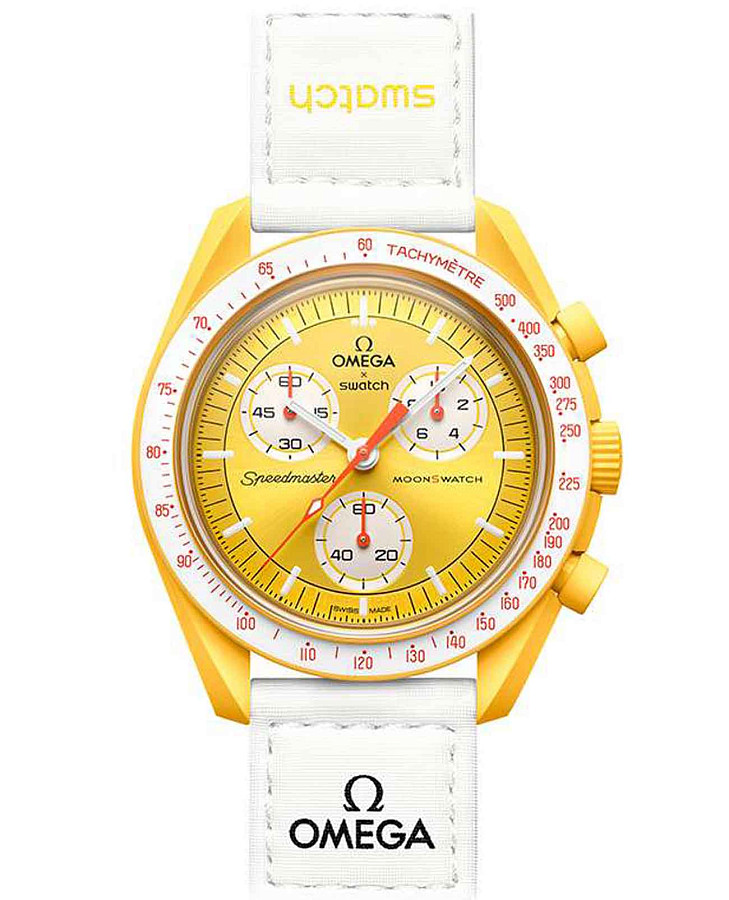 Часы Swatch x Omega Bioceramic Moonswatch Mission To the Sun SO33J100 — мужские, желтый