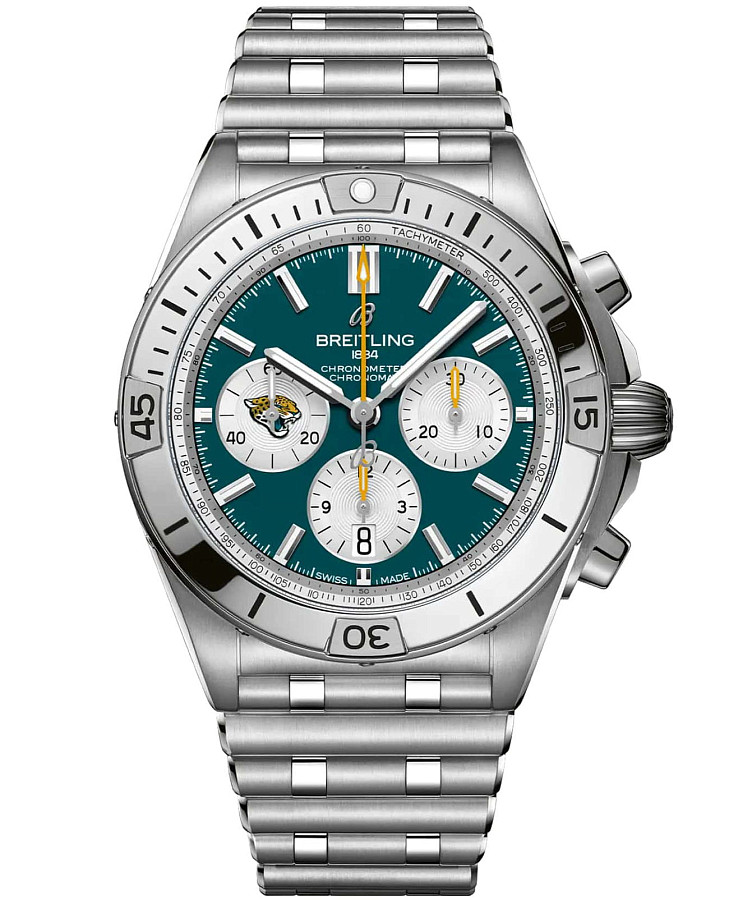 Часы Breitling Chronomat B01 42 NFL NFL Jacksonville Jaguars Edition AB01342B1L3A1 — мужские, бирюзовый