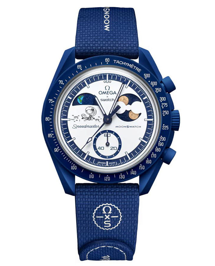 Часы Swatch x Omega Bioceramic Moonswatch Mission to Earthphase - Moonshine Gold SO33N701L — мужские, белый