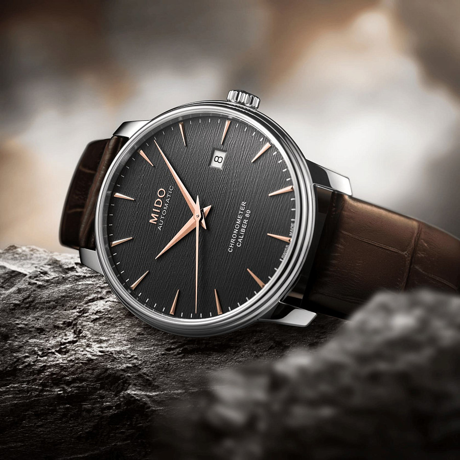 Часы Mido Baroncelli Chronometer Silicon Gent M027.408.16.061.00 — мужские, кожаный