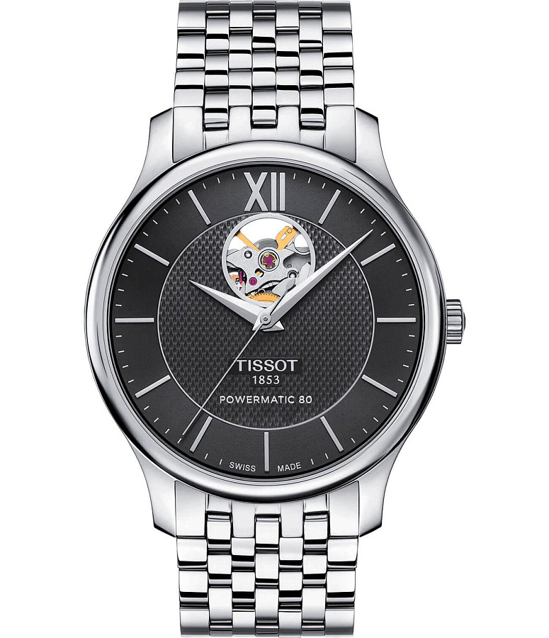 Часы Tissot Tradition Powermatic 80 Open Heart T063.907.11.058.00 — мужские, черный