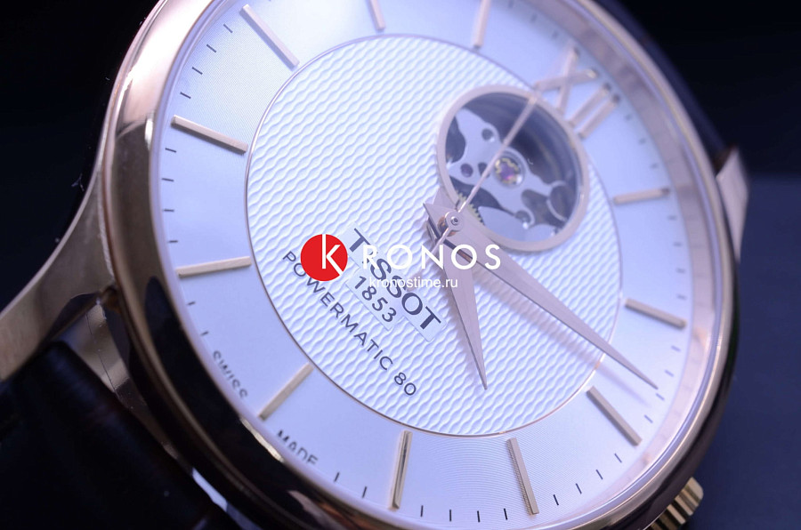 Часы Tissot Tradition Powermatic 80 Open Heart T063.907.36.038.00 — мужские, кожаный