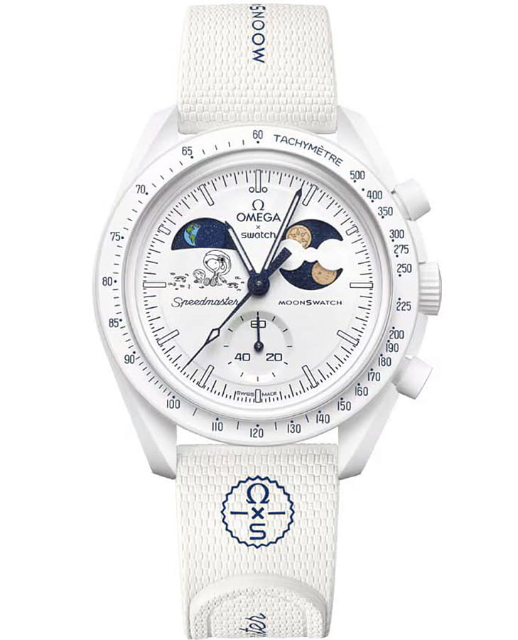 Часы Swatch x Omega Bioceramic Moonswatch Mission to the Moonphase - Full Moon SO33W701L — мужские, белый