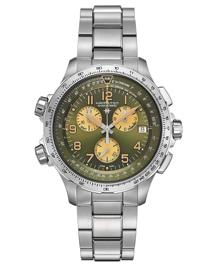 Часы Hamilton Khaki X-Wind GMT Chrono Quartz H77932160 — мужские, зеленый