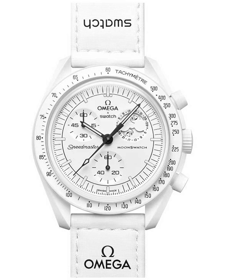 Часы Swatch x Omega Bioceramic Moonswatch Mission to the Moonphase - Full Moon SO33W700 — мужские, белый
