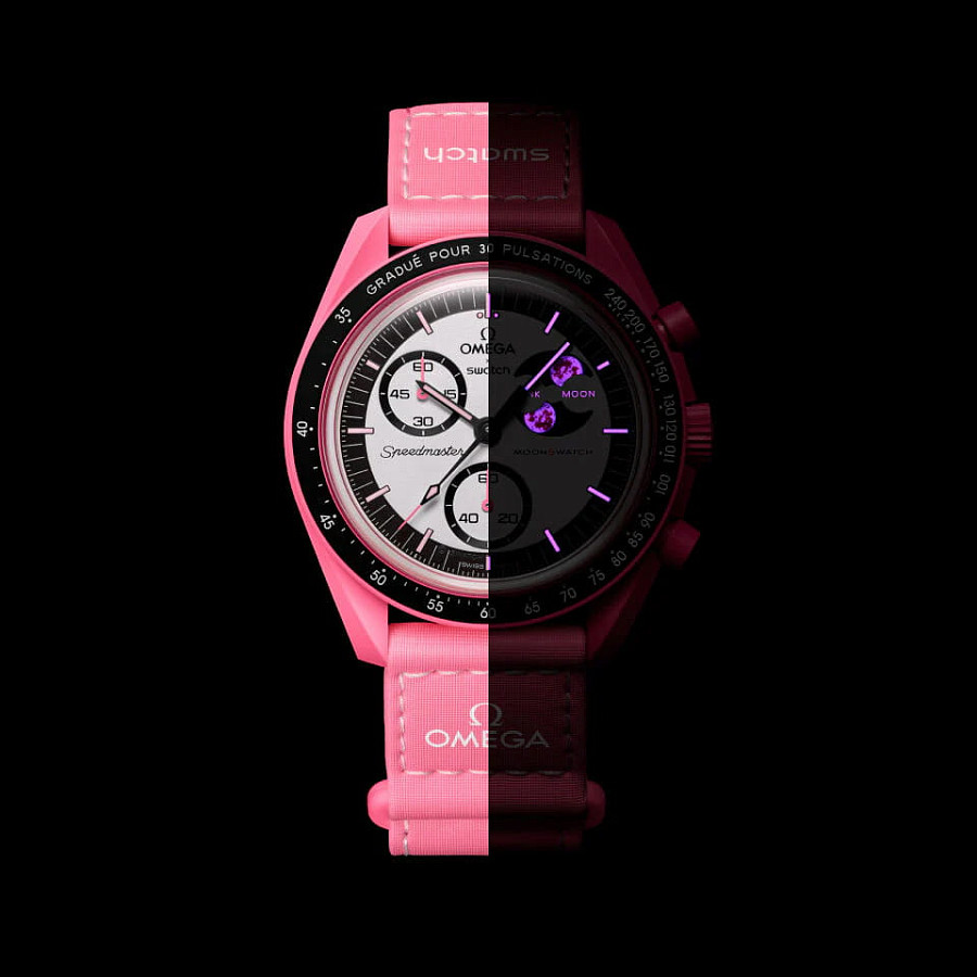 Часы Swatch x Omega Bioceramic Moonswatch Mission to The Pink Moonphase SO33P700 — биокерамика, Швейцария
