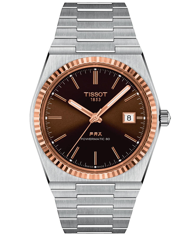 Часы Tissot PRX Powermatic 80 Steel & 18k Gold T931.407.41.291.00 — мужские, коричневый