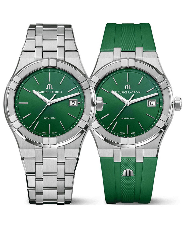 Часы Maurice Lacroix Aikon Quartz Date 40mm AI1108-SS00F-630-D — мужские, зеленый