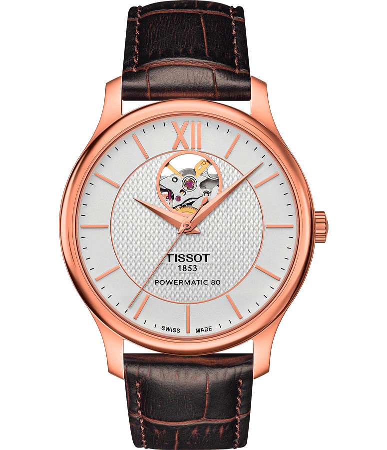 Часы Tissot Tradition Powermatic 80 Open Heart T063.907.36.038.00 — мужские, серебристый