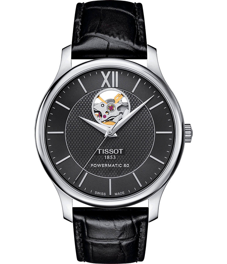 Часы Tissot Tradition Powermatic 80 Open Heart T063.907.16.058.00 — мужские, черный