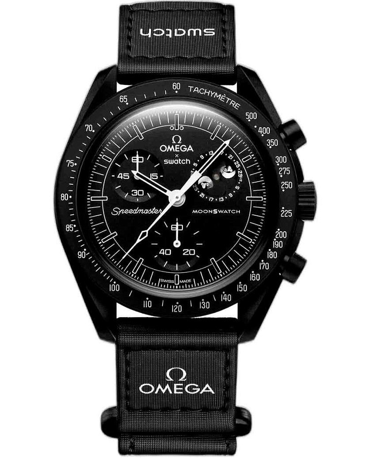 Часы Swatch x Omega Bioceramic Moonswatch Mission to The Moonphase - New Moon SO33B700 — мужские, черный