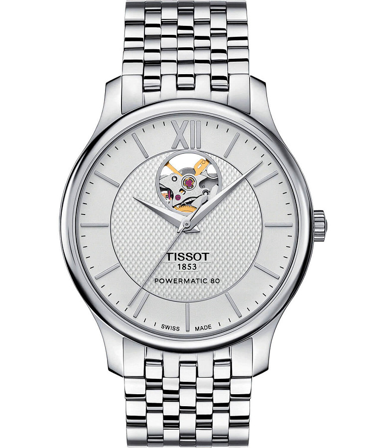 Часы Tissot Tradition Powermatic 80 Open Heart T063.907.11.038.00 — мужские, серебристый