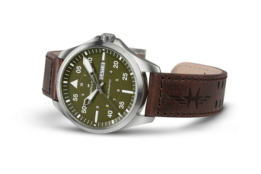 Часы Hamilton Khaki Aviation Pilot Day Date Auto H64635560 — мужские, кожаный