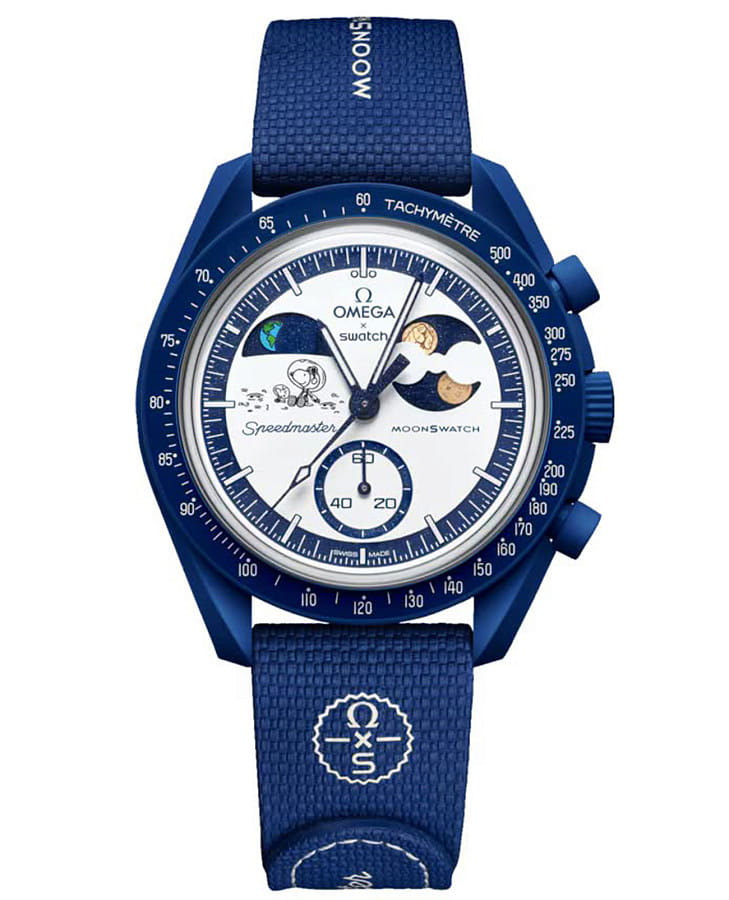 Часы Swatch x Omega Bioceramic Moonswatch Mission to Earthphase - Moonshine Gold SO33N703L — мужские, белый